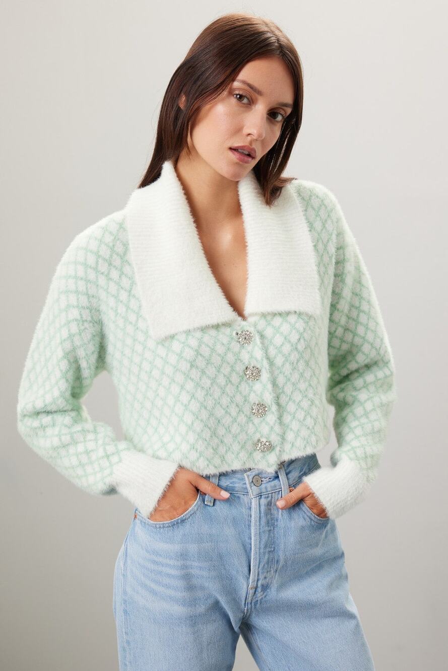 Louna Diamond Knit Crop Collared Button Front Cardigan Sweater Size XS